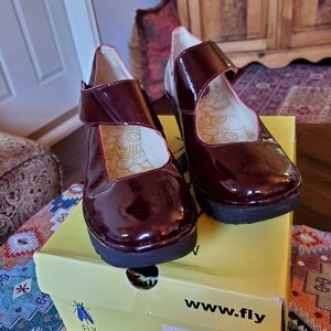 Fly London Burgundy Patent Leather Mary Jane Wedge Shoes